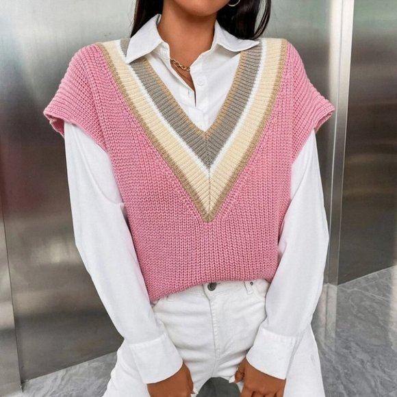 Colorblock Striped Trim V-neck Sweater Vest Pink - Picture 2 of 6